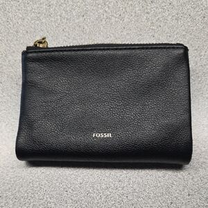 Fossil Black Pebbled Leather Zip Wallet with Gold Hardware